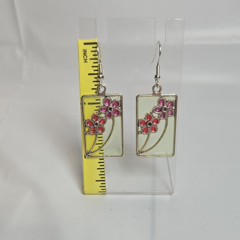 #196- Rectangular Silver Earrings with Floral Red and Pink Design